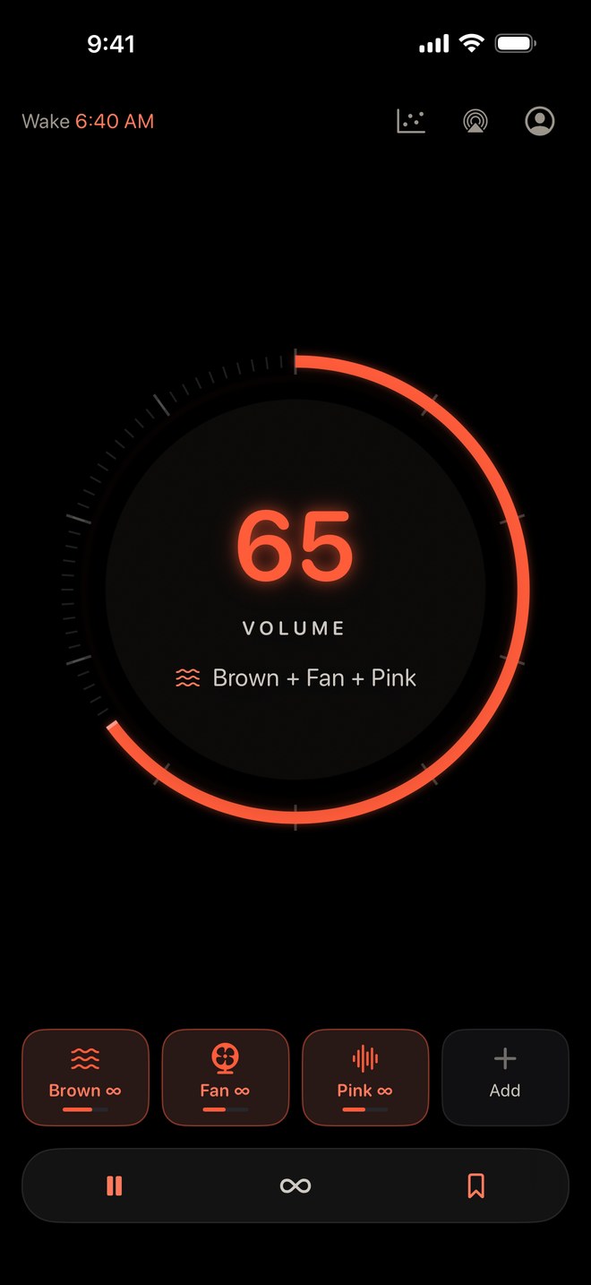 The Tonight screen: a large dial reading 65, with Brown, Fan and Pink layered beneath it.
