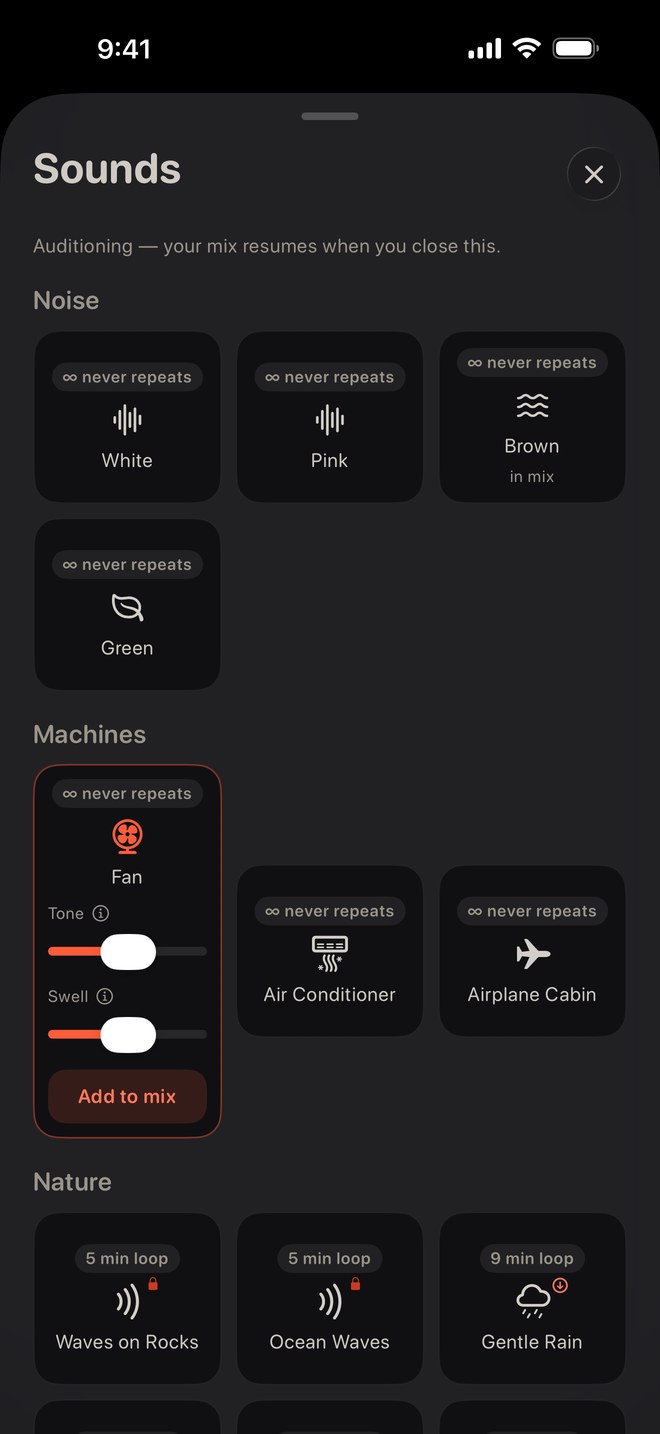 A sound's shaping controls: level, tone and swell, adjusted while the mix plays.