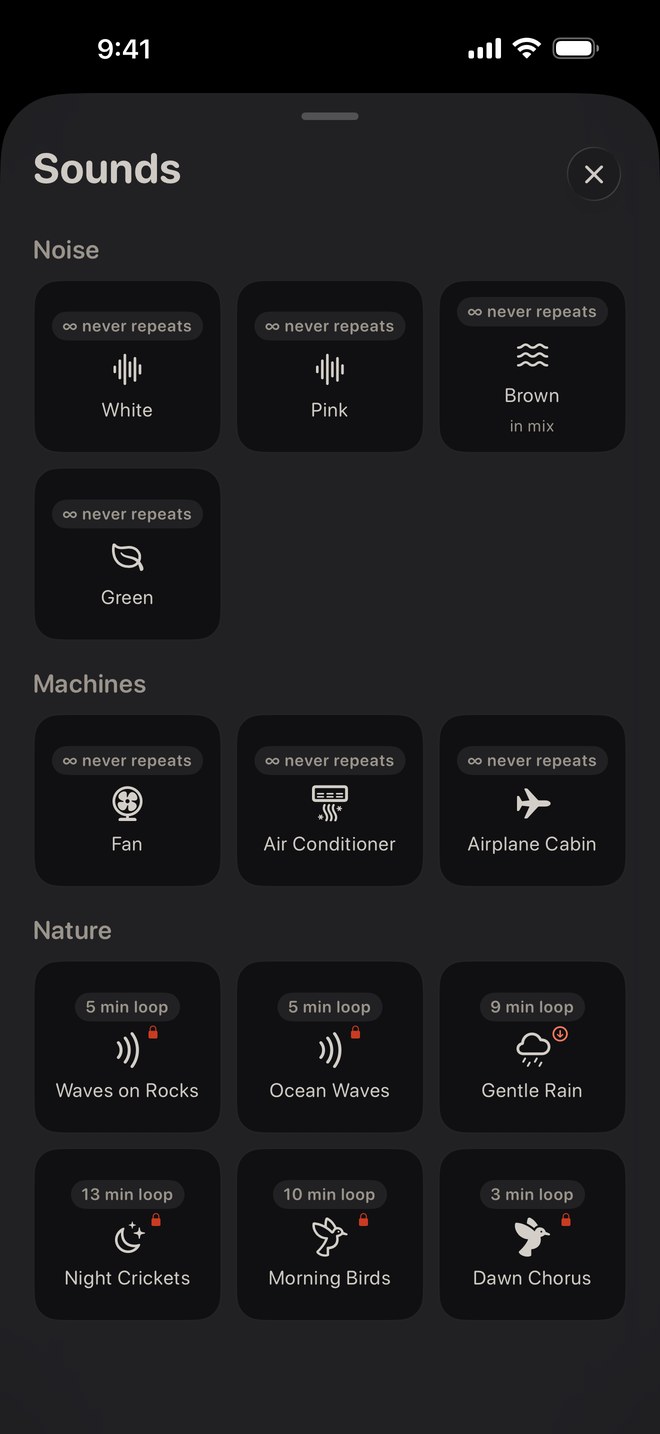 The sound library, showing the noise, machine and nature groups.