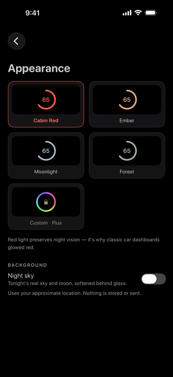 The appearance screen showing the Cabin Red, Ember, Moonlight and Forest themes.